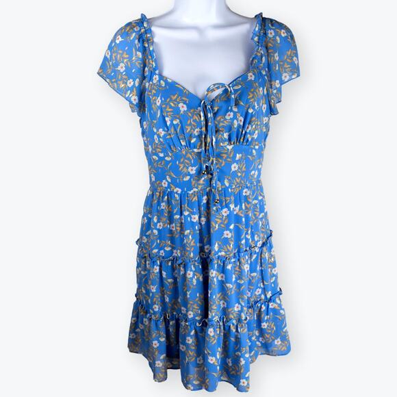 City Studio Boho Blue Gold Cream Floral Mini Dress M - Picture 1 of 8